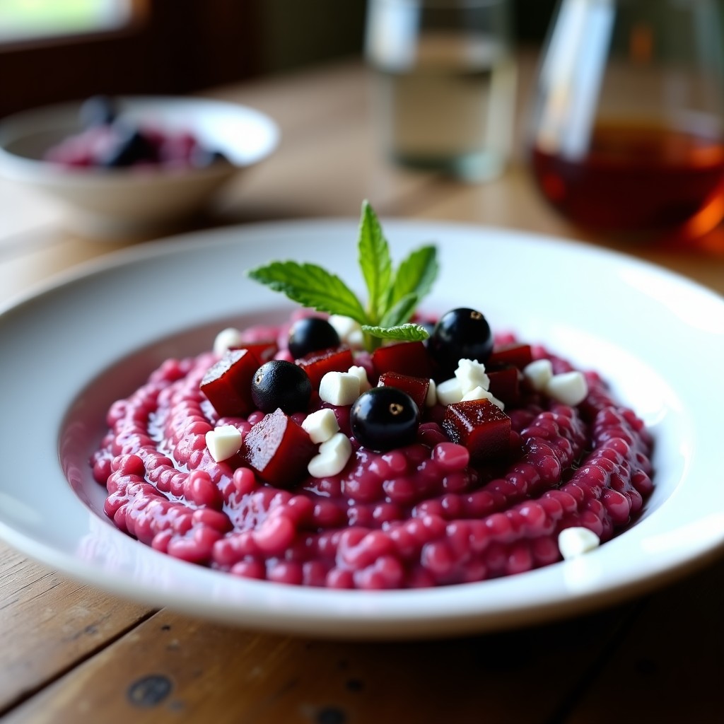 Plato hondo blanco con risotto cremoso de color rosa intenso, salpicado de cubos de remolacha, arándanos negros y queso de cabra desmenuzado, decorado con hojas de menta fresca.