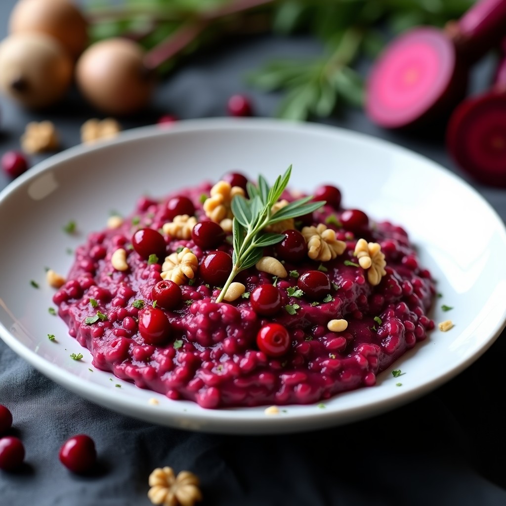 Plato hondo blanco con risotto de color fucsia intenso, decorado con arándanos secos, nueces picadas y hojas de tomillo fresco. Textura cremosa y brillante, servido sobre mantel de lino negro.