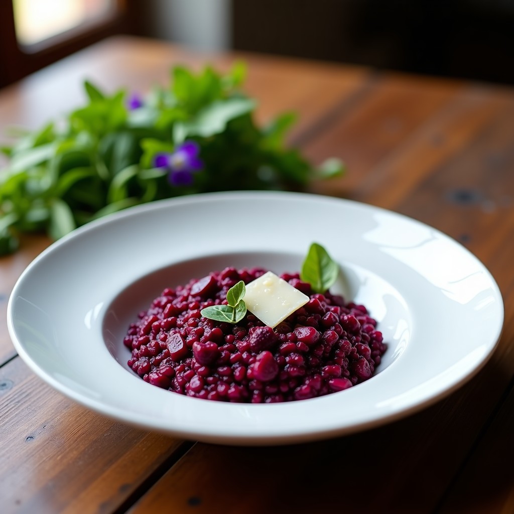 Plato hondo blanco con risotto de color morado intenso, salpicado de cubos de remolacha y virutas de parmesano, con un hilo de aceite de trufa brillante.
