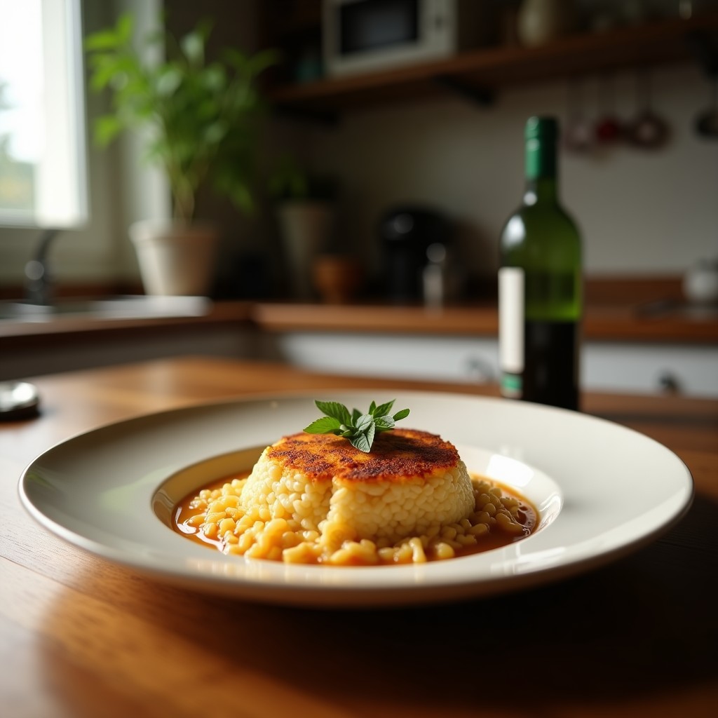Plato blanco hondo con risotto cremoso de color rosa dorado por la remolacha y el azafrán, servido con una cuchara de madera y decorado con hojas de rúcula y semillas de calabaza tostadas.