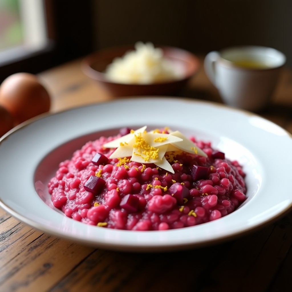 Plato hondo blanco con risotto de remolacha y azafrán, color rosa vibrante, textura cremosa y decorado con hebras de azafrán y virutas de parmesano.