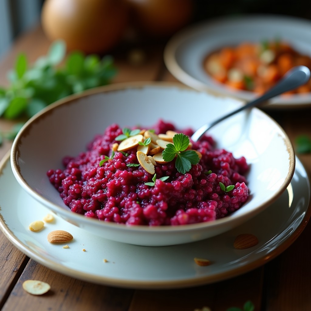Cazuela de cerámica blanca con risotto de remolacha y azafrán con quinoa, de color morado intenso, decorado con hojas de perilla y almendras tostadas.
