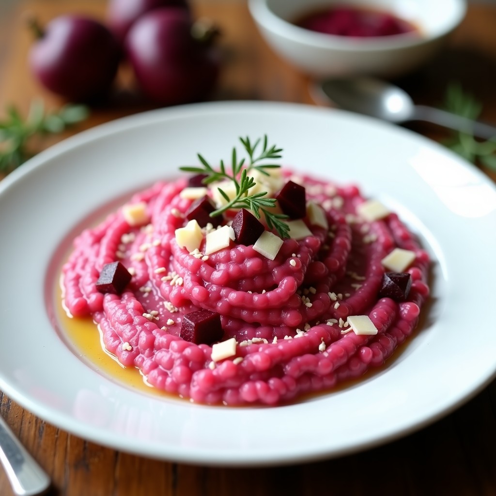 Plato blanco con risotto de color rosa intenso, decorado con hebras de azafrán y trozos de remolacha, servido con virutas de parmesano.
