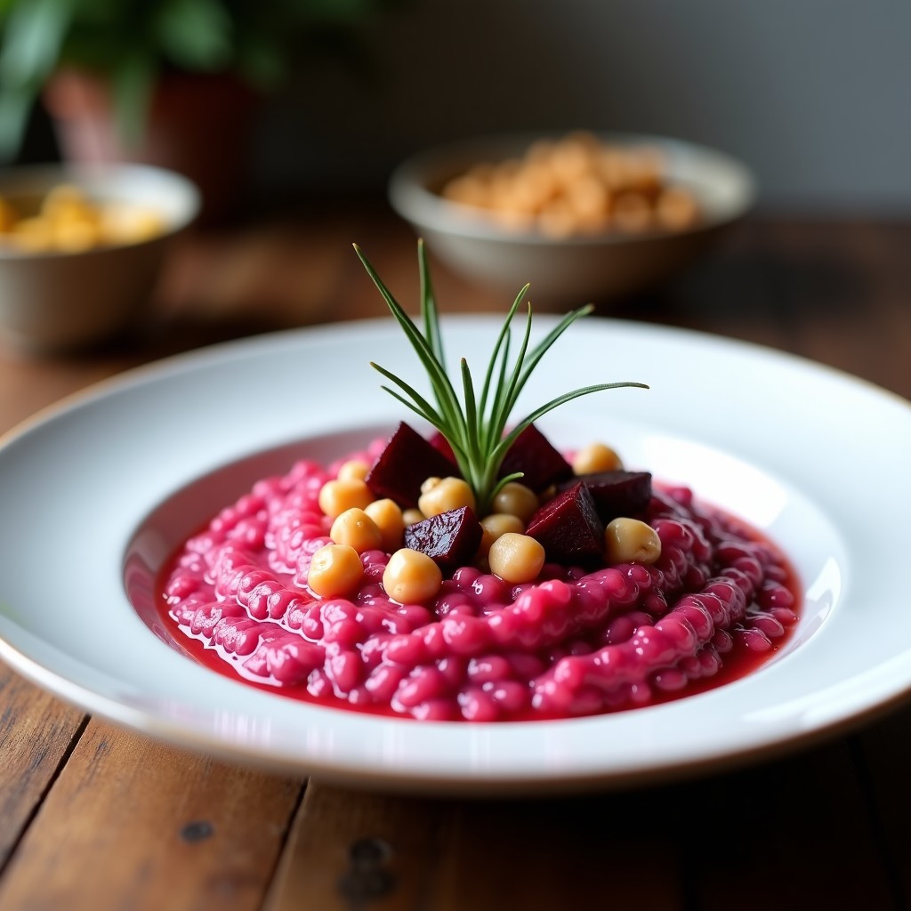 Plato hondo blanco con risotto de color rosa intenso, salpicado de trozos de remolacha, garbanzos y decorado con romero fresco. Receta vegana de risotto de remolacha y azafrán.