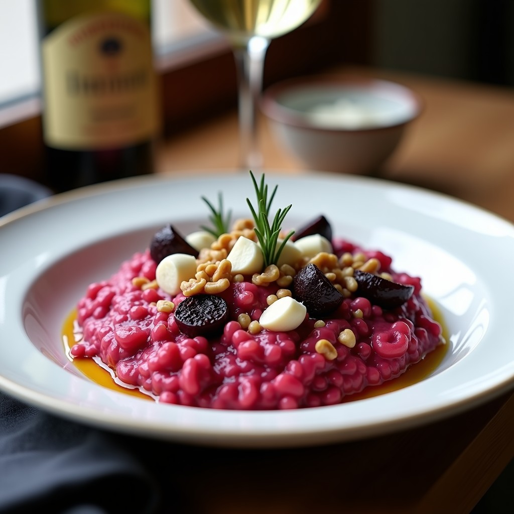 Plato de risotto cremoso de color rosa intenso con trozos de remolacha y queso cabral desmenuzado, decorado con nueces picadas y romero fresco, servido en bowl de cerámica blanca sobre fondo rústico.