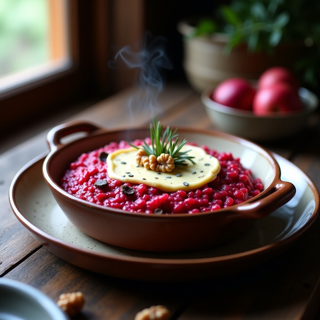 Fuente de barro al horno con risotto cremoso de color rosa intenso por la remolacha, gratinado con queso cabrales y decorado con nueces picadas y hojas de romero.