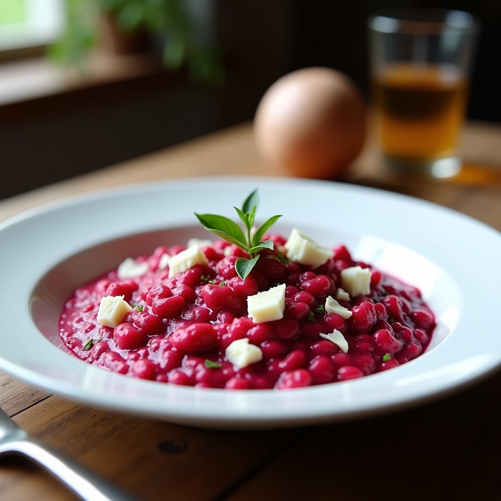 Plato blanco hondo con risotto cremoso de color rosa intenso, decorado con trozos de queso cabral, virutas de parmesano y hojas de tomillo fresco, receta de olla rápida.