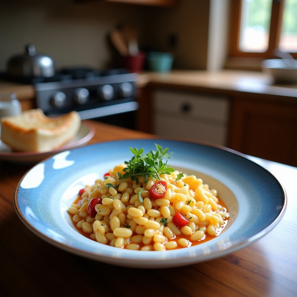 Plato hondo blanco con risotto cremoso de color rosa intenso por la remolacha, salpicado de queso Cabrales desmenuzado y decorado con láminas de remolacha cruda.