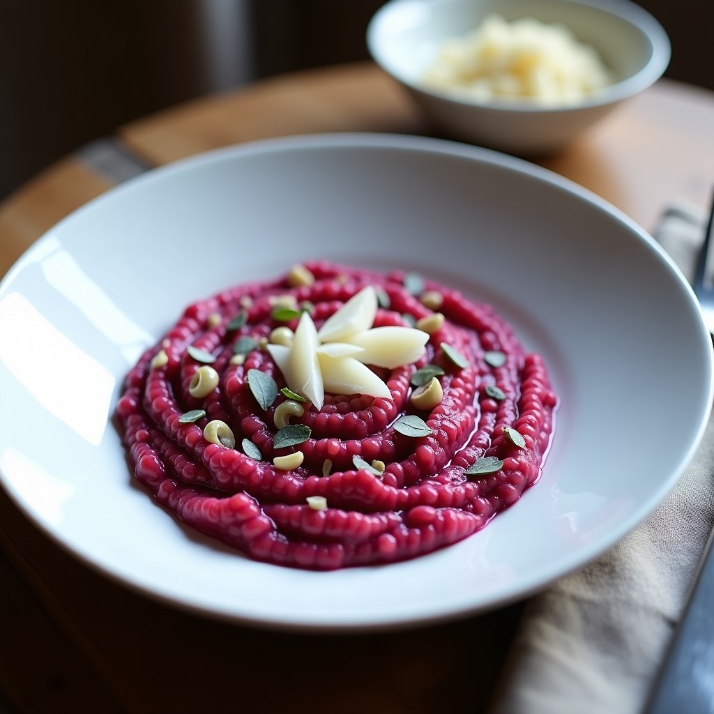 Plato hondo blanco con risotto cremoso de color rosa intenso salpicado de trozos de queso Cabrales azul, decorado con virutas de Parmesano y un hilo de aceite de oliva. Fondo rústico con servilleta de lino.