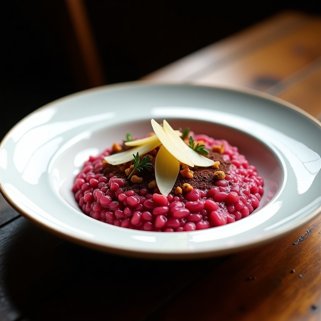 Plato hondo blanco con risotto cremoso de color rosa intenso por la remolacha, salpicado de café ahumado y decorado con virutas de Parmesano y cebolla morada caramelizada.