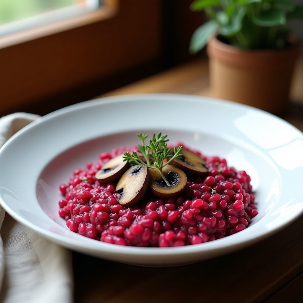 Plato hondo de cerámica blanca con risotto de remolacha y champiñones vegano, de color rojo intenso, cremoso y decorado con láminas de remolacha cruda y champiñones salteados.