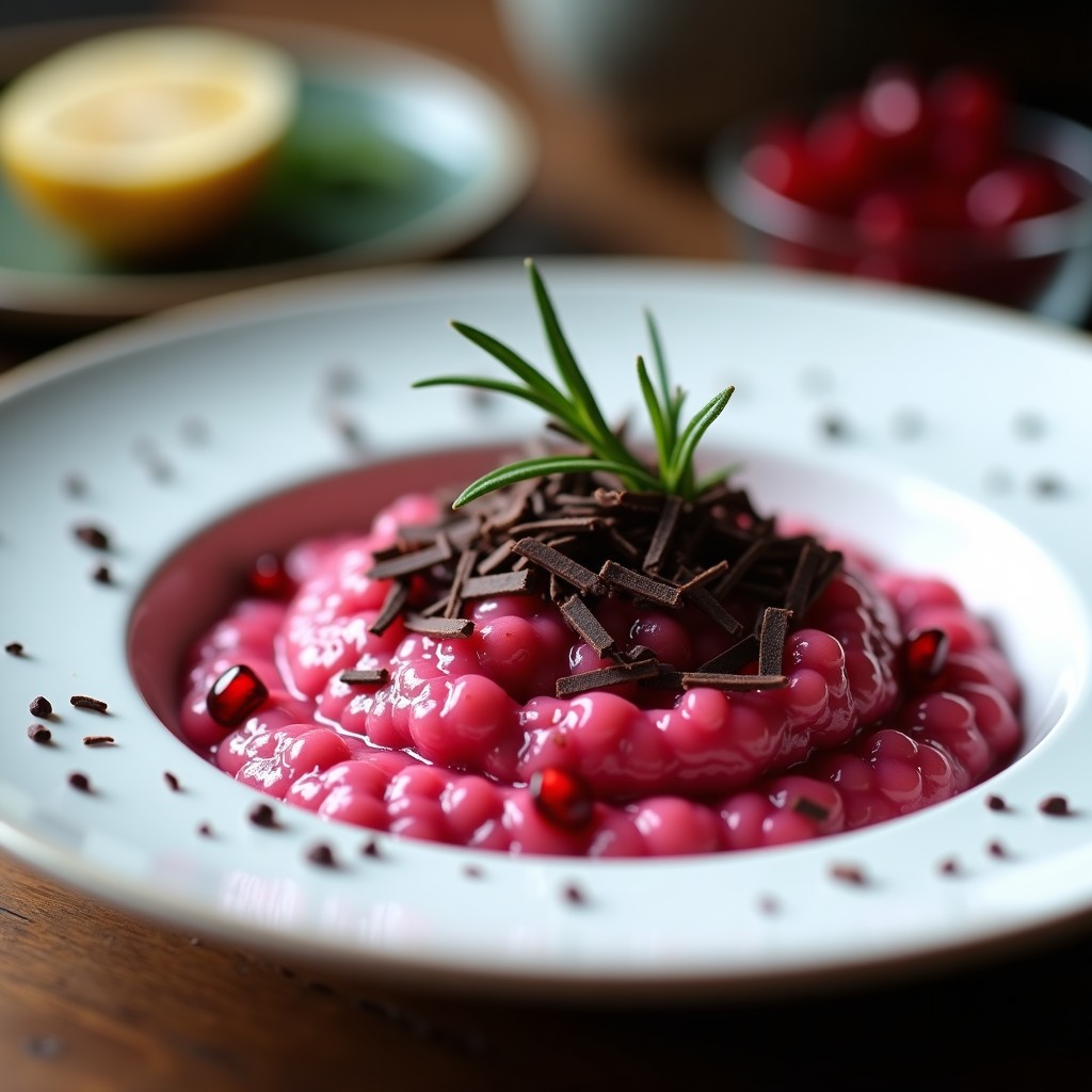 Plato hondo blanco con risotto cremoso de color rosa intenso por la remolacha, salpicado de virutas de chocolate negro y decorado con hojas de romero fresco.