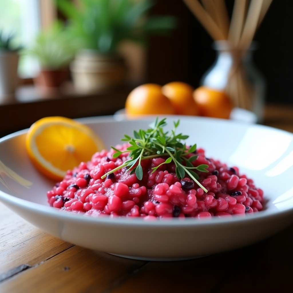 Plato hondo blanco con risotto de remolacha y cítricos en airfryer, de color rosa intenso, decorado con perifollo fresco y rodajas de naranja.