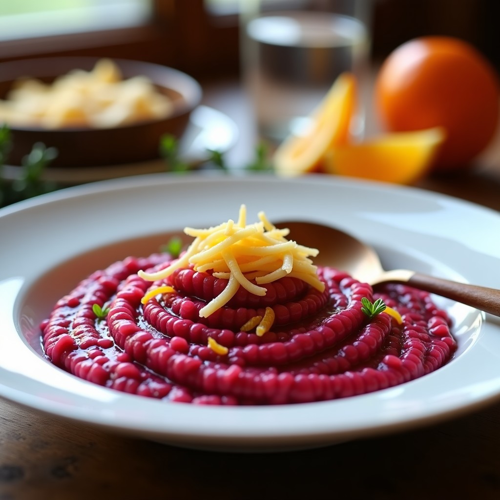 Plato hondo blanco con risotto de color rosa intenso, salpicado de ralladura de naranja y virutas de parmesano, servido con una cuchara de madera y gajos de naranja al lado.
