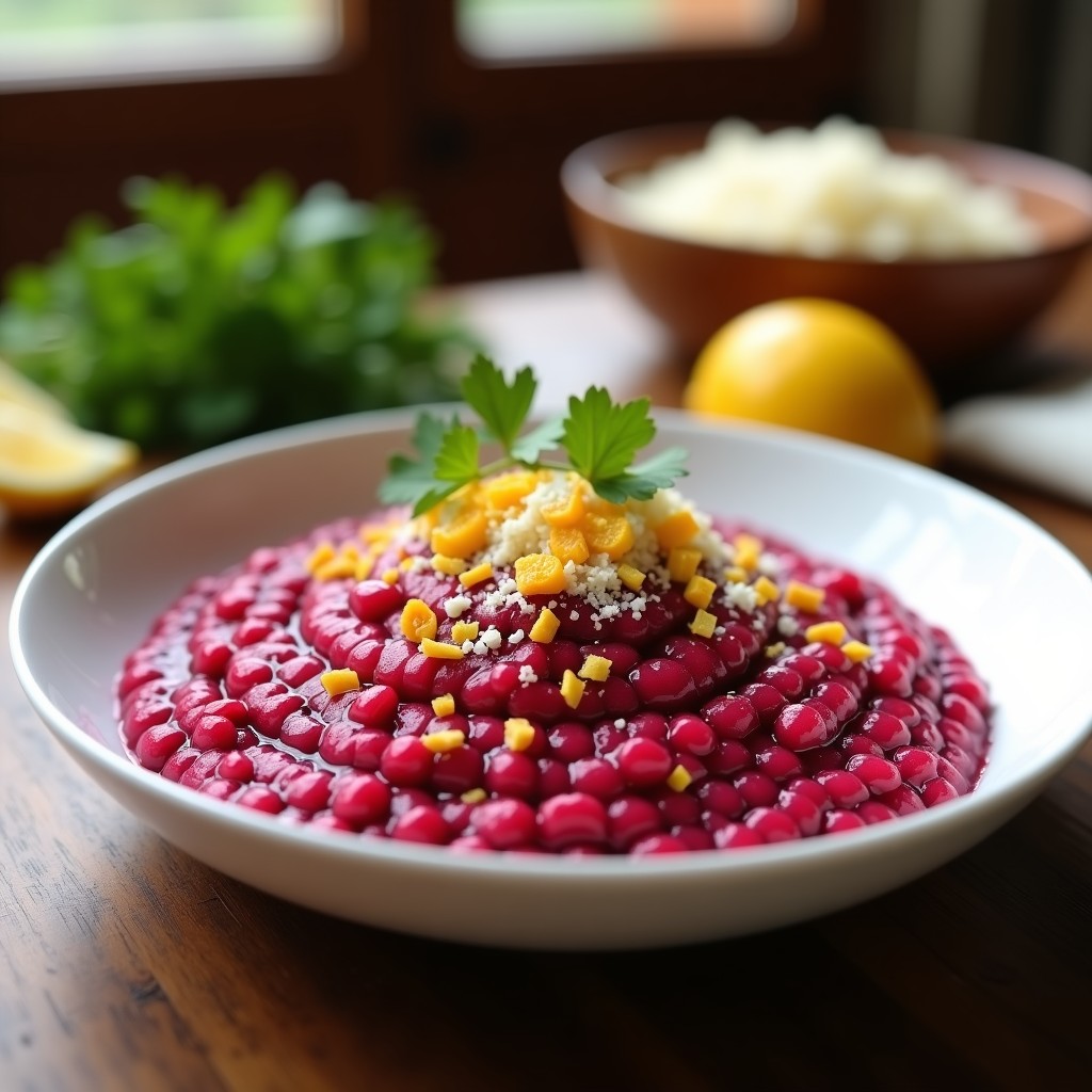 Plato hondo blanco con risotto de remolacha y cítricos, cremoso y de color rosa vibrante, decorado con ralladura de naranja y perejil fresco.