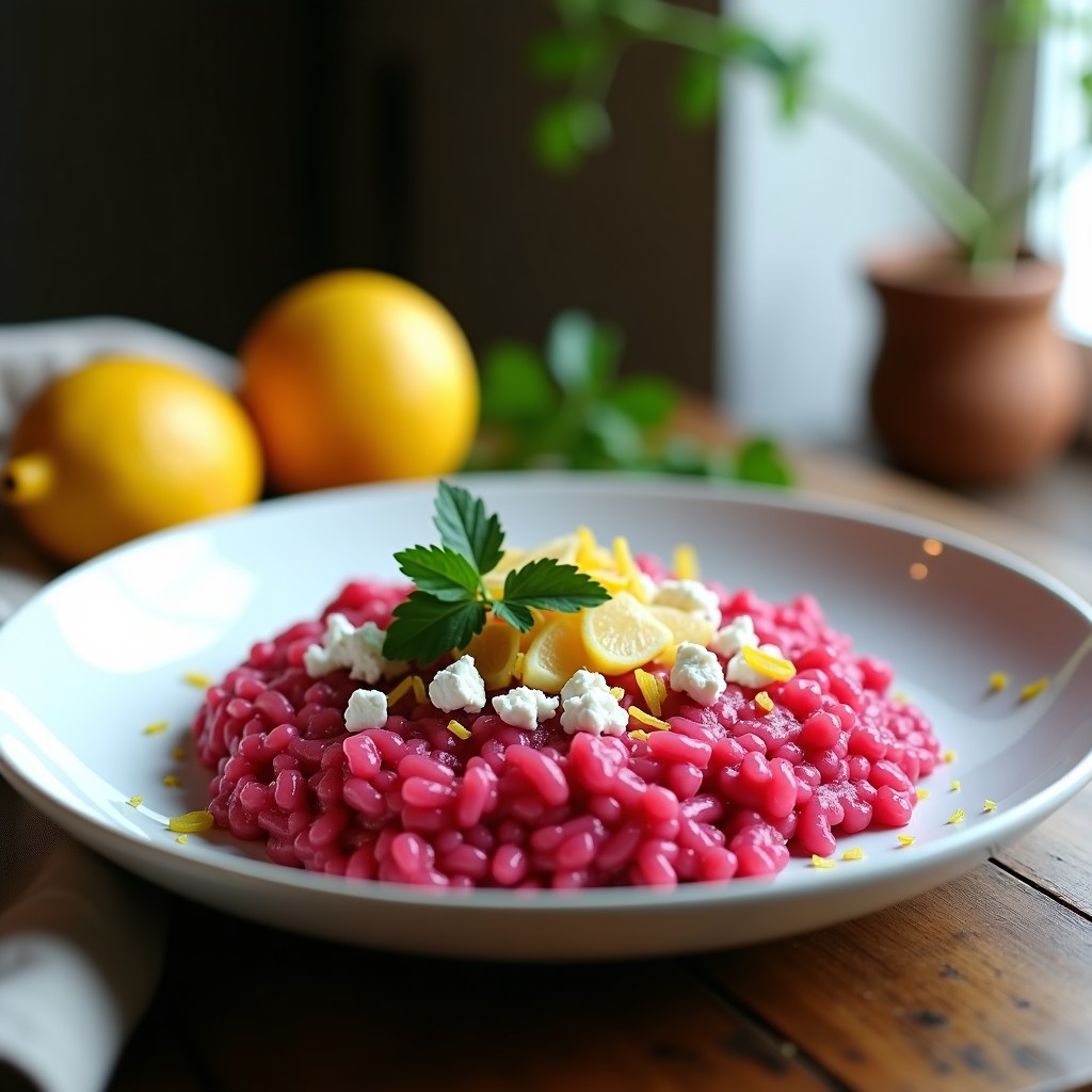 Plato blanco con risotto cremoso de color rosa vibrante, salpicado de cubos de remolacha, queso feta desmenuzado y perejil fresco, acompañado de ralladura de limón. Receta de risotto de remolacha y cítricos en airfryer.