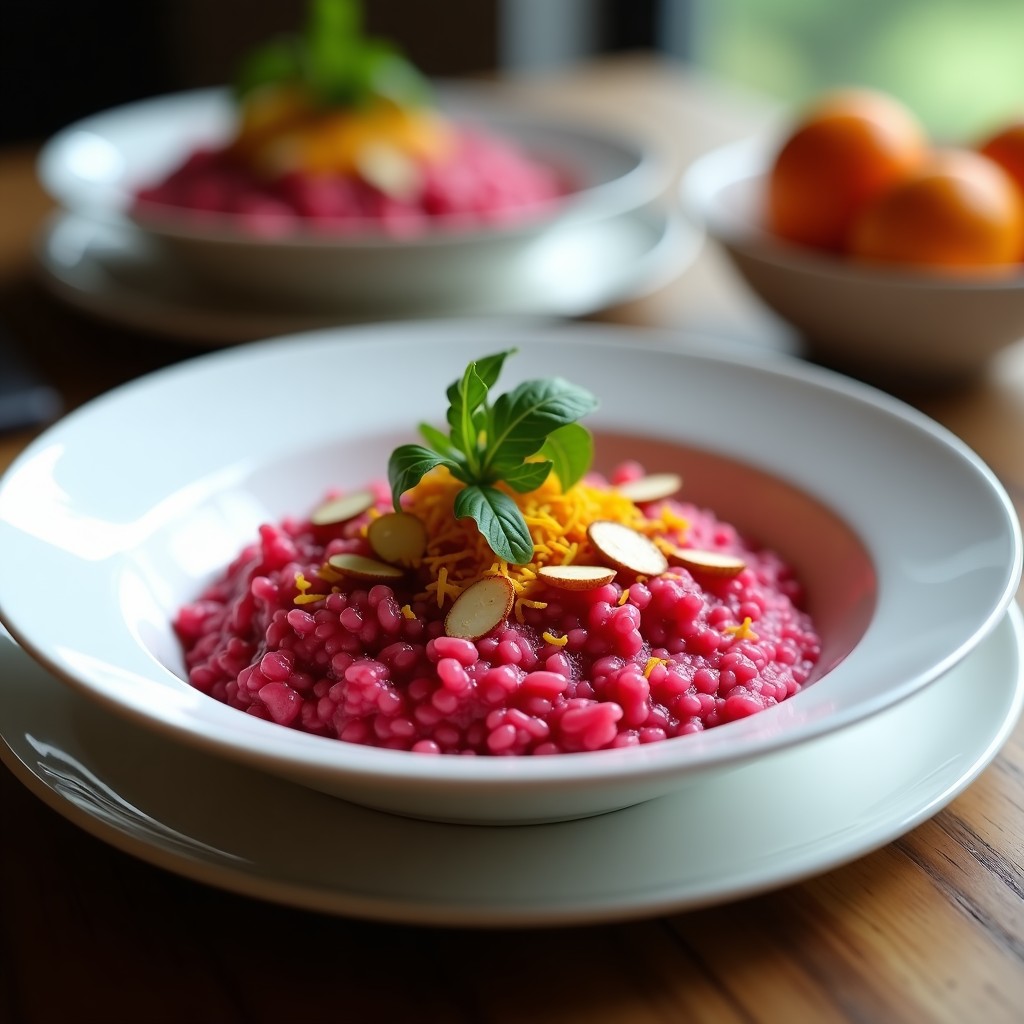 Plato hondo blanco con risotto cremoso de color rosa intenso, salpicado de cubos de remolacha y decorado con ralladura de limón y naranja. Receta de risotto de remolacha y cítricos en ollas superpuestas.