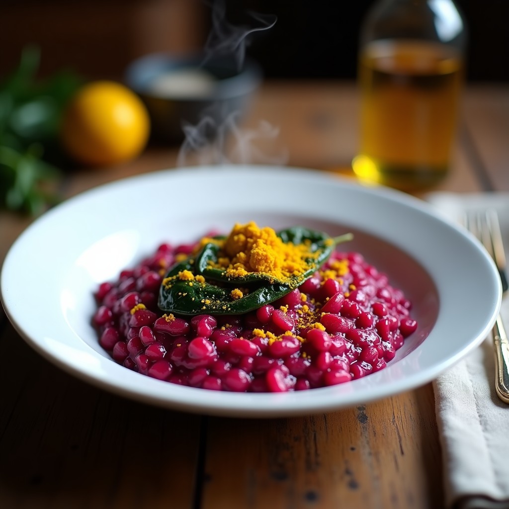 Plato blanco con risotto cremoso de color morado intenso por la remolacha, salpicado de cúrcuma dorada y espinacas verdes. Receta de risotto de remolacha y cúrcuma en airfryer.