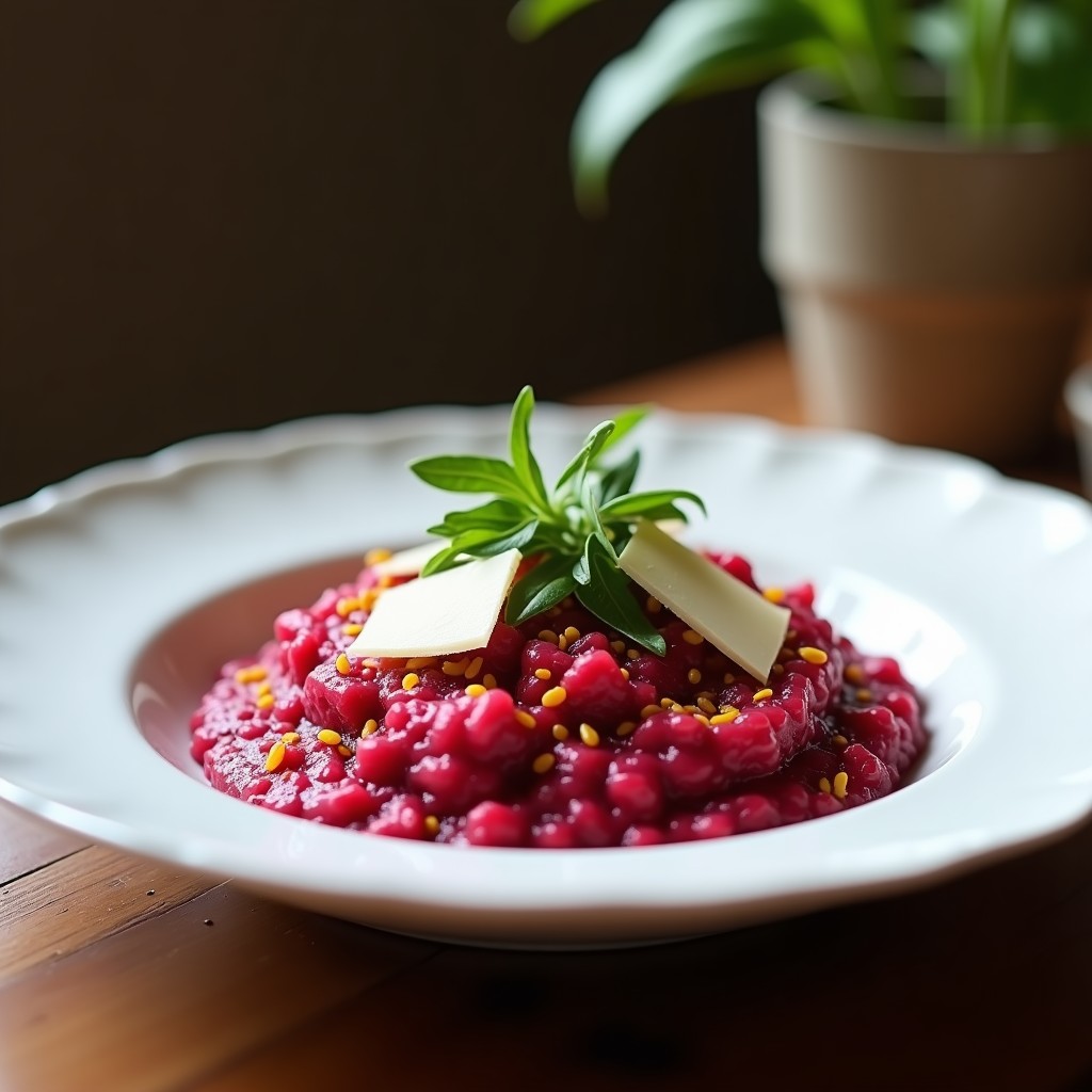 Plato hondo blanco con risotto cremoso de color rosa intenso por la remolacha, salpicado de cúrcuma dorada y decorado con virutas de parmesano y hojas de rúcula, receta antiinflamatoria en Thermomix.