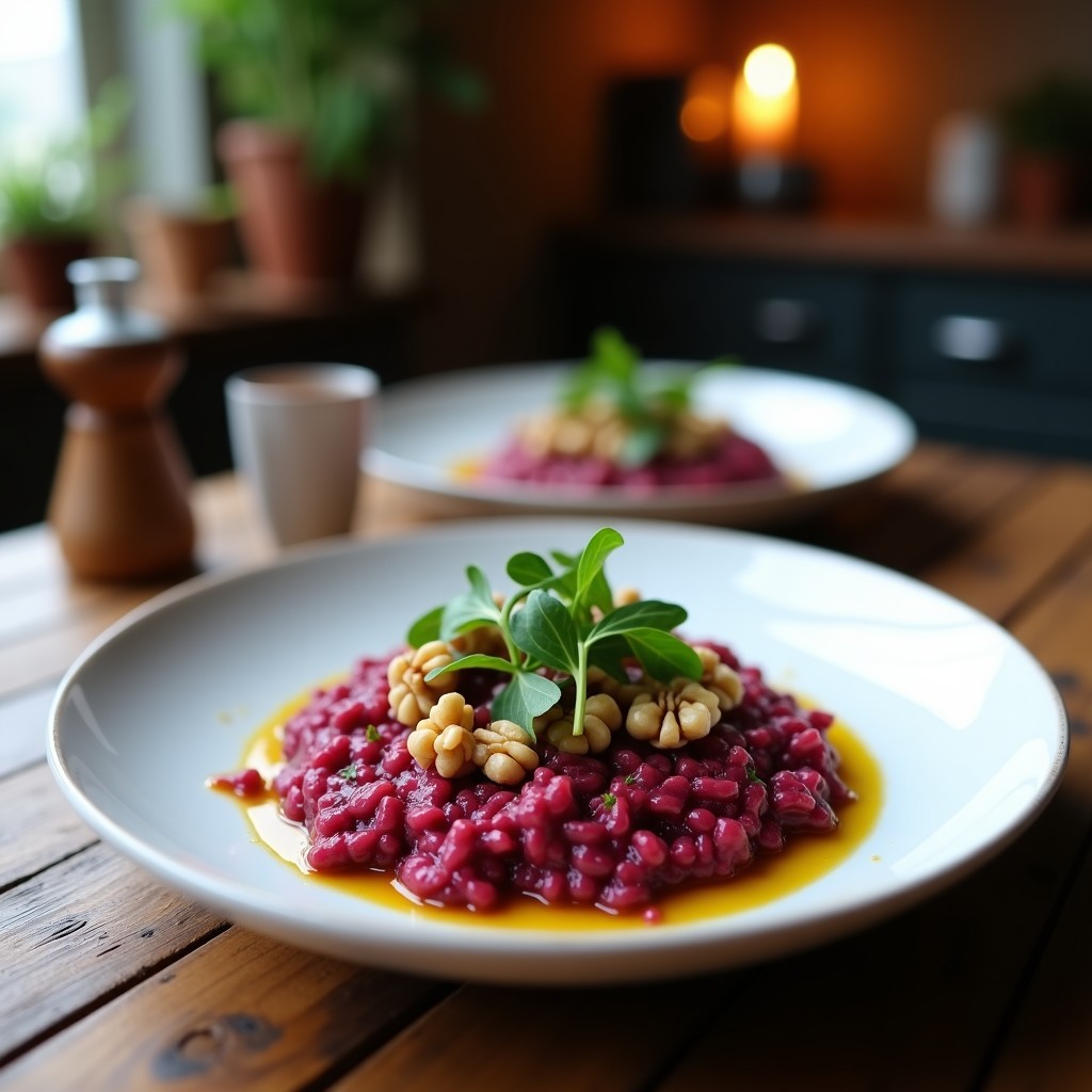 Plato hondo blanco con risotto cremoso de color morado intenso y dorado por la cúrcuma, decorado con nueces picadas y hojas de rúcula, receta vegana de olla express.