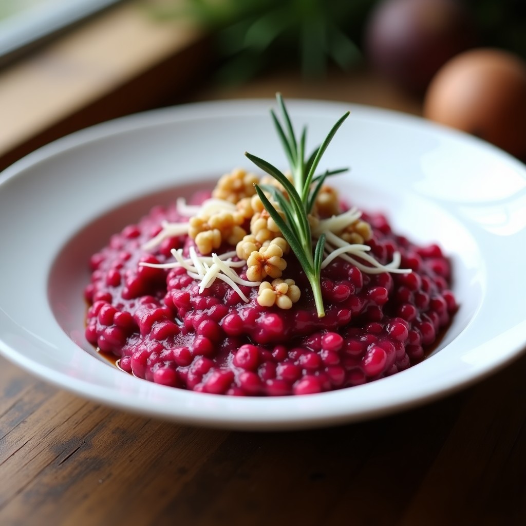 Plato blanco hondo con risotto cremoso de color magenta intenso, trozos de remolacha y vetas de gorgonzola fundido, decorado con nueces picadas y hojas de romero fresco. Receta de risotto de remolacha y gorgonzola en Thermomix.
