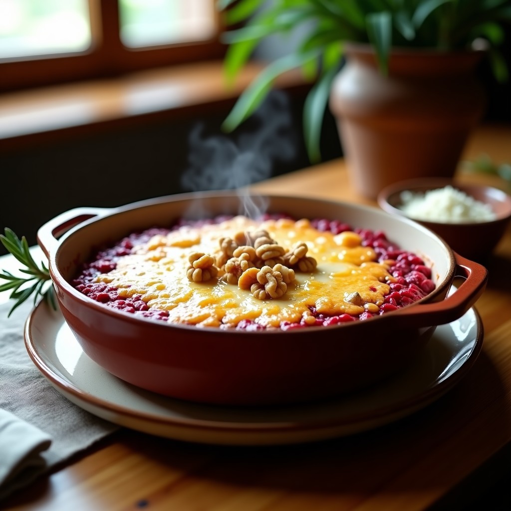 Fuente de barro al horno con risotto de remolacha de color rojo intenso, superficie crujiente y dorada, decorado con nueces picadas y virutas de parmesano, receta de risotto de remolacha al horno.