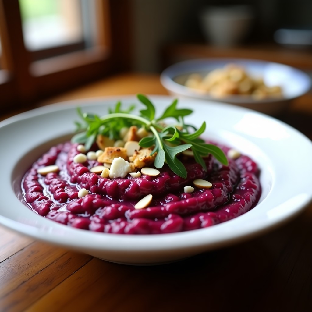 Plato hondo blanco con risotto de remolacha morada y queso de cabra, de color púrpura intenso y textura cremosa, decorado con almendras fileteadas doradas y hojas de rúcula fresca. Fondos borrosos de cocina rústica.