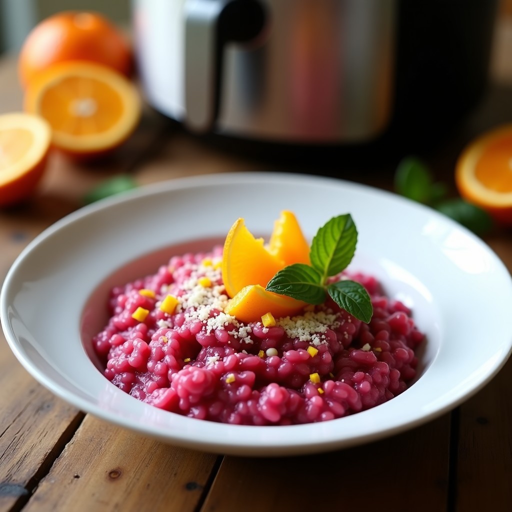 Plato hondo blanco con risotto de color rosa intenso de remolacha y naranja, textura cremosa, decorado con ralladura de naranja y hojas de menta, servido en airfryer.