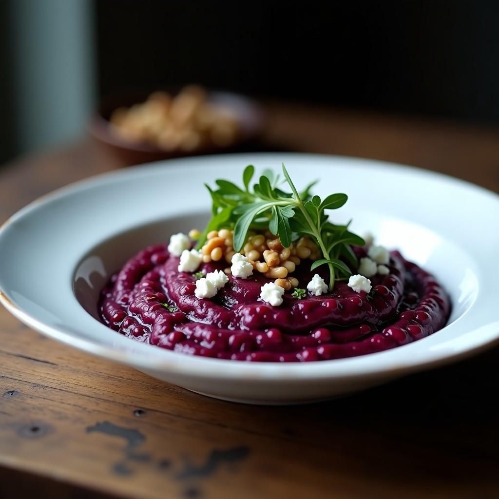 Plato hondo blanco con risotto cremoso de color morado intenso, trozos de remolacha negra y queso azul desmenuzado. Decorado con nueces picadas y hojas de rúcula fresca.