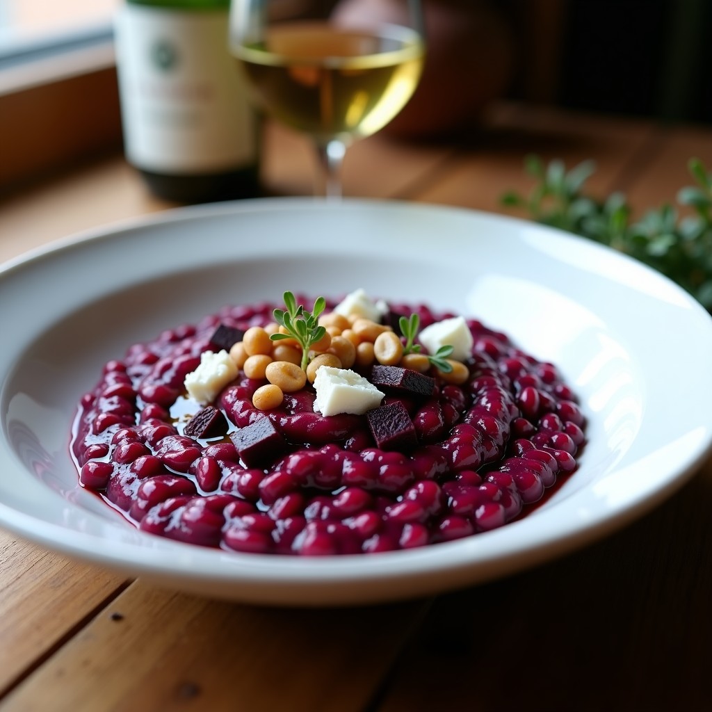 Plato hondo blanco con risotto cremoso de color morado intenso, decorado con cubos de remolacha negra, queso de cabra desmenuzado y nueces de pecana tostadas. Receta de risotto de remolacha negra con queso de cabra sin lactosa.