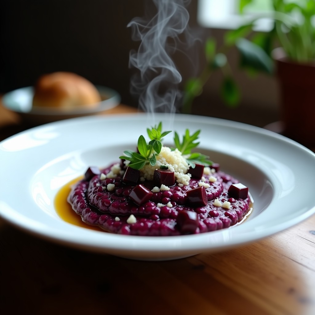 Plato hondo blanco con risotto de color negro intenso y brillante, salpicado de cubos de remolacha negra y virutas de trufa, servido con un hilo de aceite de trufa y hojas de rúcula.