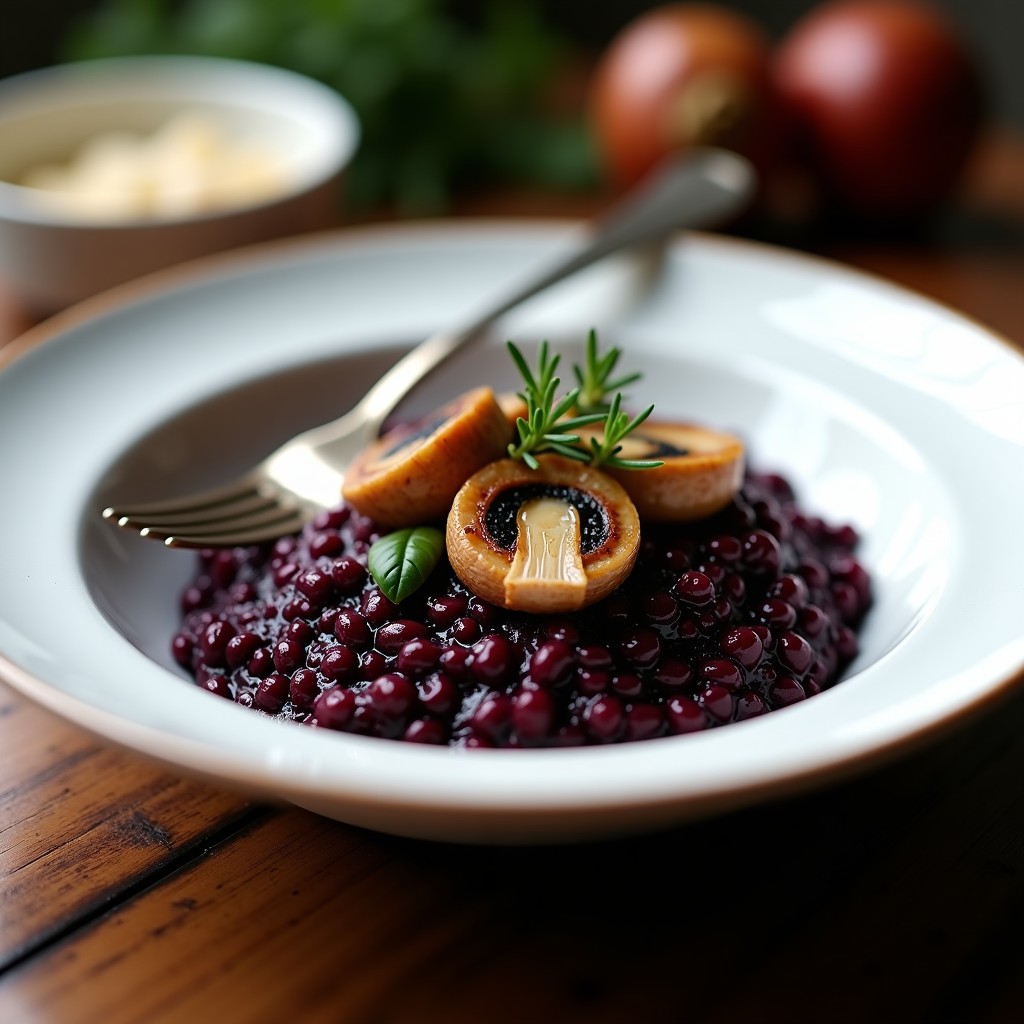 Plato hondo blanco con risotto de color negro intenso y vetas moradas de remolacha, coronado con láminas doradas de setas oyster y hojas de tomillo fresco. Textura cremosa y brillante.