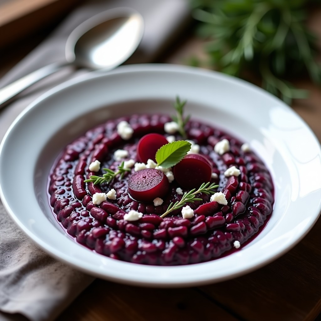 Plato hondo blanco con risotto de remolacha negra veneto, cremoso y de color morado intenso, decorado con láminas de remolacha, queso de cabra desmenuzado y tomillo fresco.