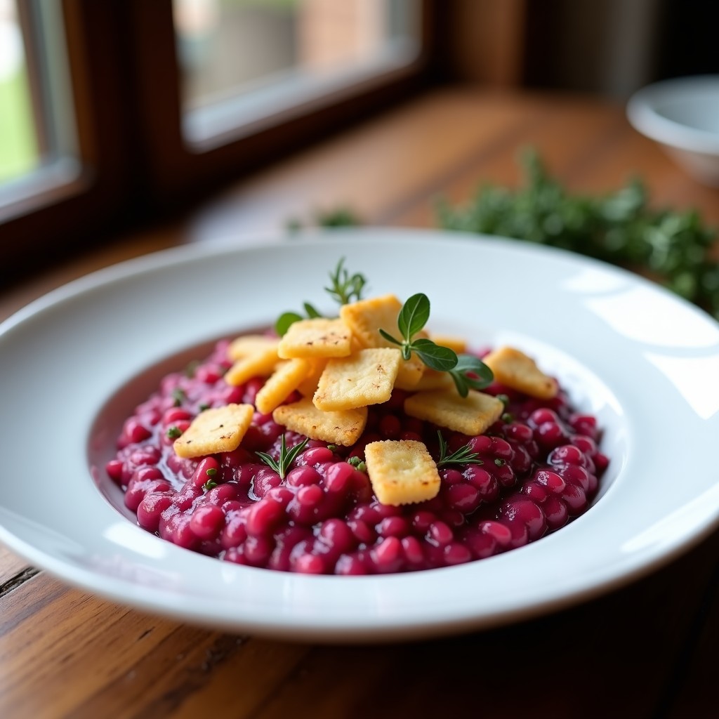 Plato hondo blanco con risotto de remolacha cremoso, coronado con costras doradas de queso quebrada y hojas de tomillo fresco.