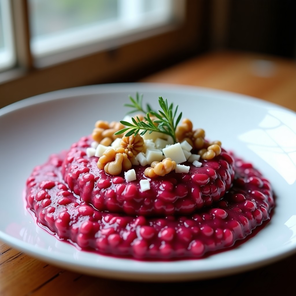 Plato blanco con risotto cremoso de color rosa vibrante, salpicado de trozos de remolacha y queso de cabra desmenuzado, decorado con nueces picadas y hojas de tomillo fresco.