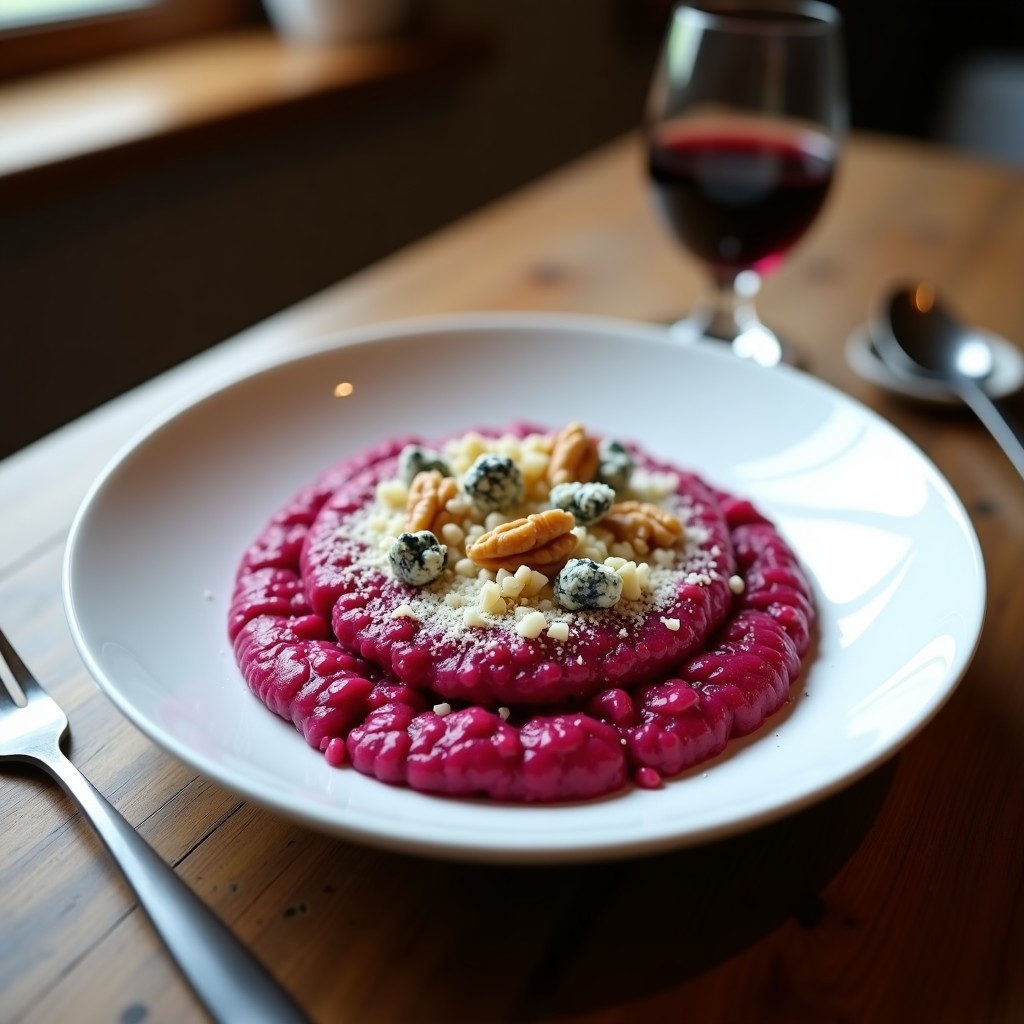 Plato blanco con risotto de color rosa intenso por la remolacha, trozos de queso azul desmenuzado y nueces picadas por encima, servido con un tenedor de plata.