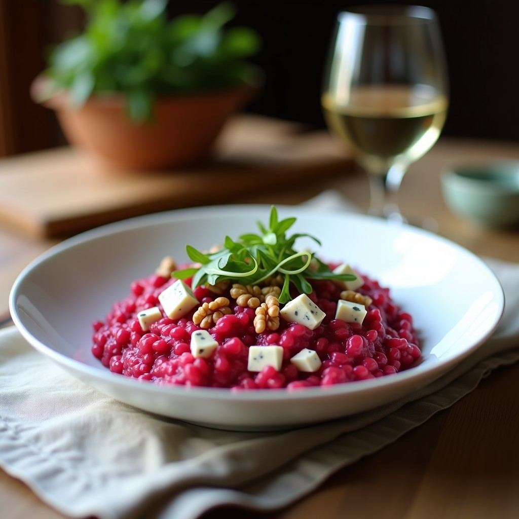 Plato hondo de porcelana blanca con risotto de remolacha y queso azul, de color rosa vibrante con vetas azules, decorado con nueces picadas y hojas de rúcula, servido sobre un mantel rústico de lino.