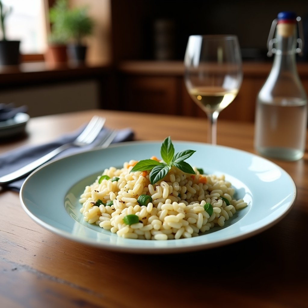 Plato hondo blanco con risotto de color rosa intenso por la remolacha, salpicado de trozos de queso azul y nueces picadas, servido con un tenedor de madera.