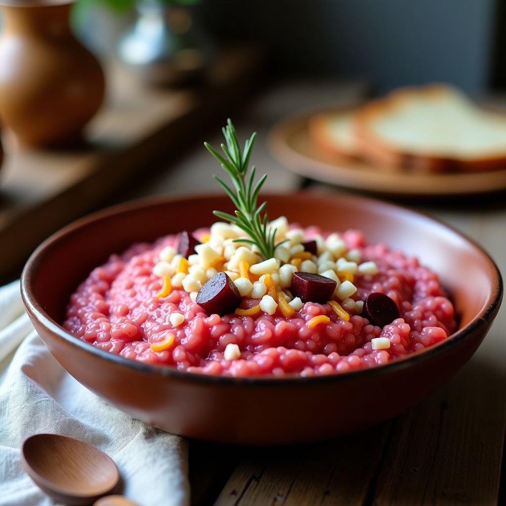 Plato hondo de barro con risotto cremoso de remolacha asada y trozos de queso de cabaña derretido, decorado con hojas de rúcula fresca y semillas de girasol tostadas. Receta argentina de risotto de remolacha y queso de cabaña en olla lenta.