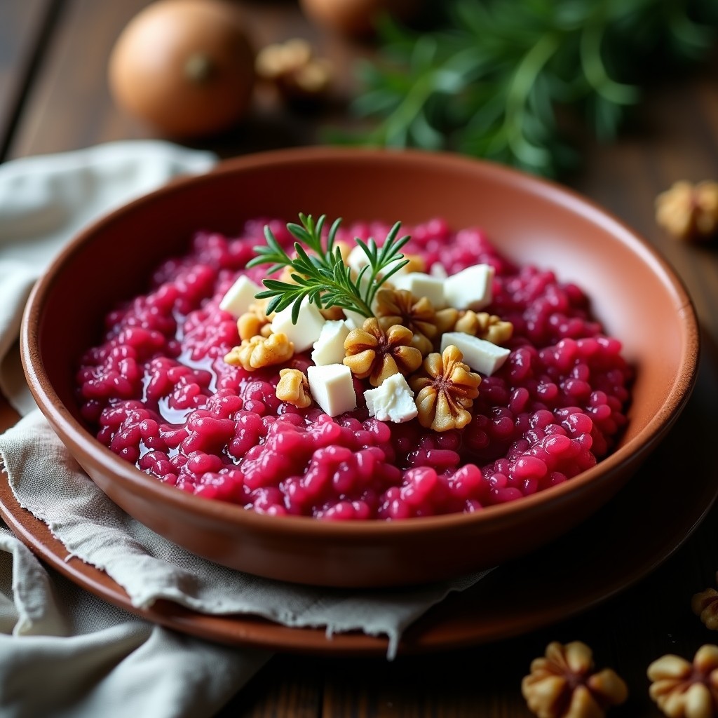 Cazuela de barro con risotto de remolacha y queso de cabra al horno, de color rosa intenso, espolvoreado con nueces tostadas y hojas de tomillo fresco.