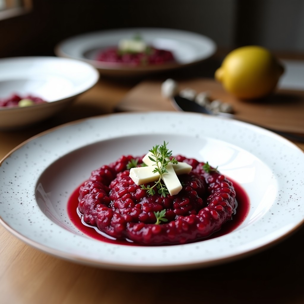 Plato hondo de cerámica blanca con risotto de remolacha y queso de cabra vegano, de color rosa intenso y textura cremosa, decorado con nueces tostadas picadas y hierbas frescas. Receta francesa vegana con toque terroso.