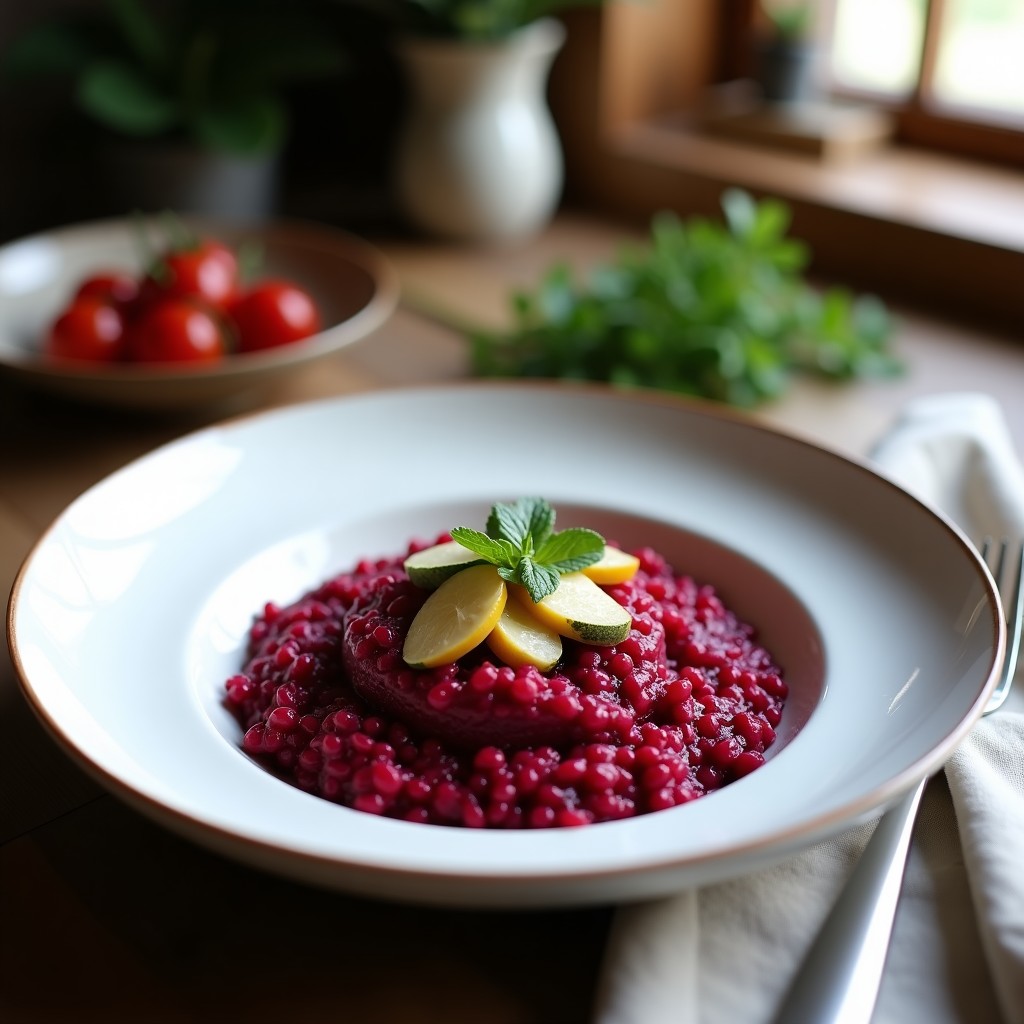 Plato blanco con risotto cremoso de color rosa intenso por la remolacha, espolvoreado con queso vegano rallado y nueces tostadas, servido con un hilo de aceite de oliva.