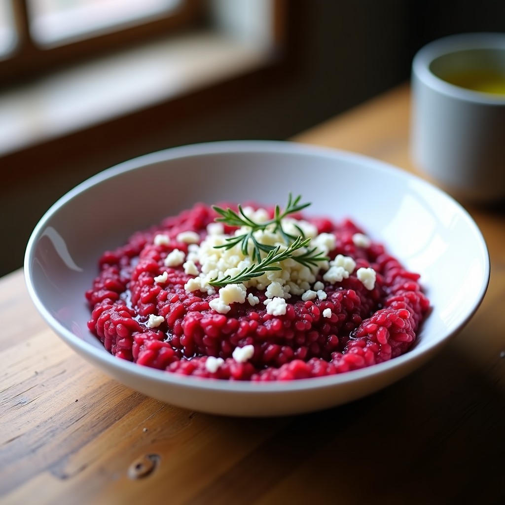 Plato hondo de cerámica blanca con risotto de quinoa y remolacha en airfryer, color magenta intenso, decorado con queso de cabra desmenuzado y tomillo fresco.
