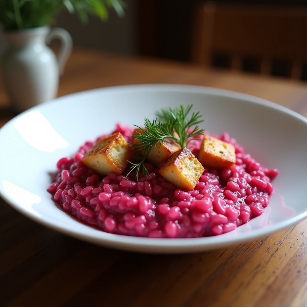 Plato hondo blanco con risotto cremoso de color rosa intenso por la remolacha, trozos dorados de tofu ahumado y hojas de eneldo fresco. Receta de risotto de remolacha y tofu ahumado en airfryer.