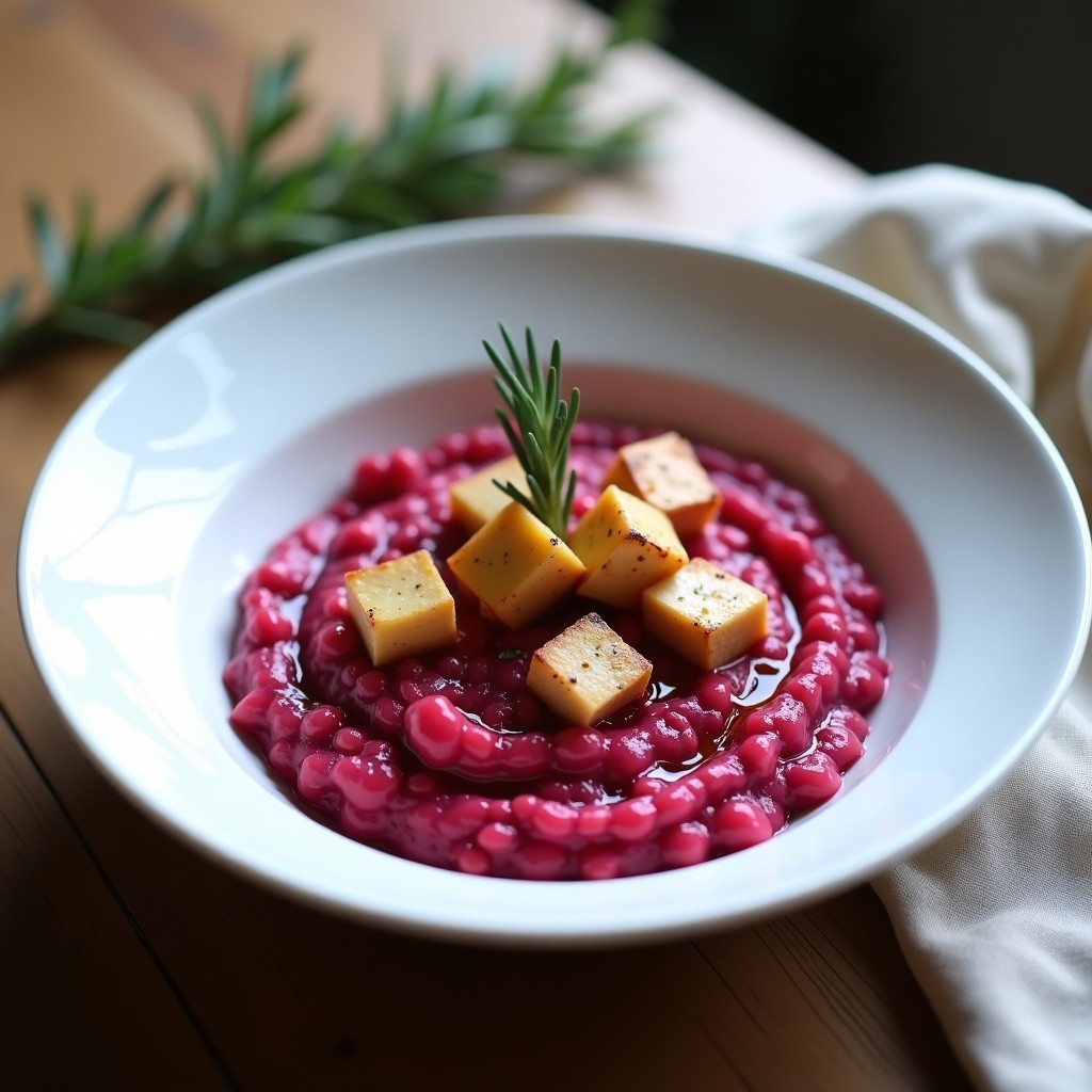 Plato hondo blanco con risotto de remolacha y tofu ahumado, textura cremosa y color vibrante, decorado con cubos de remolacha y tofu dorado.