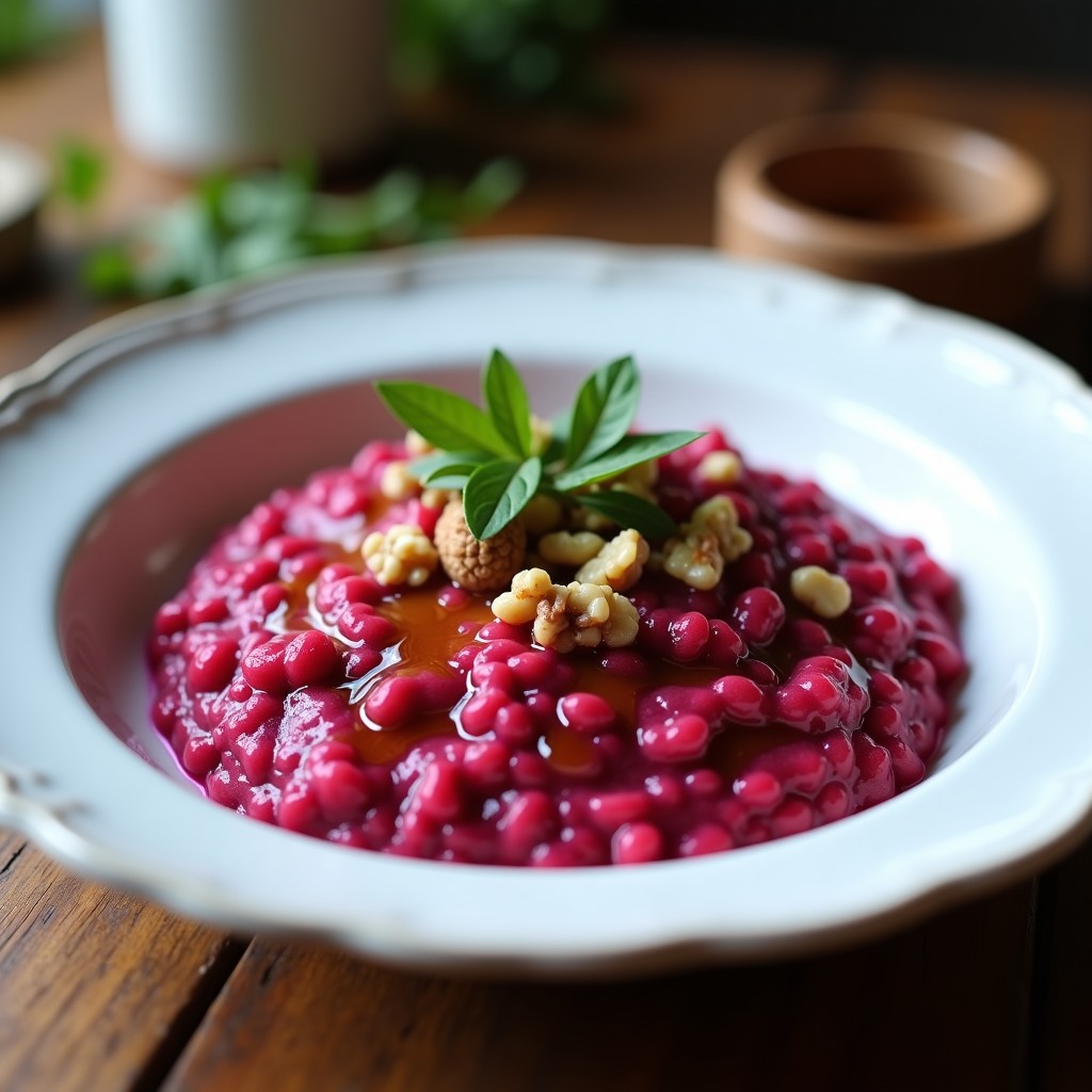 Plato hondo blanco con risotto de remolacha vegano, color rosa intenso, cremoso y decorado con nueces picadas y hojas de rúcula.