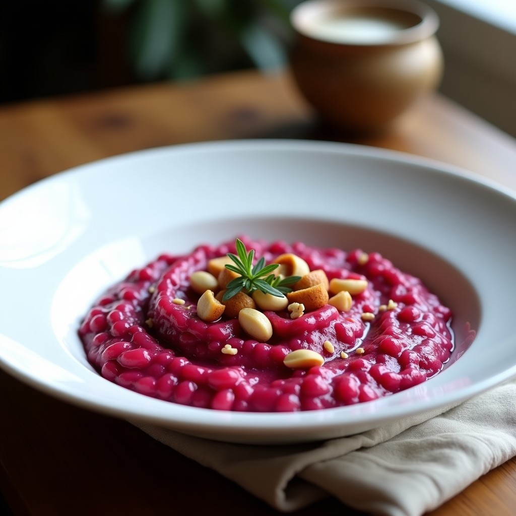 Plato hondo blanco con risotto de remolacha vegano de color rosa intenso, cremoso y brillante, decorado con anacardos tostados picados y una rama de tomillo fresco. Fondo rústico con servilleta de lino.