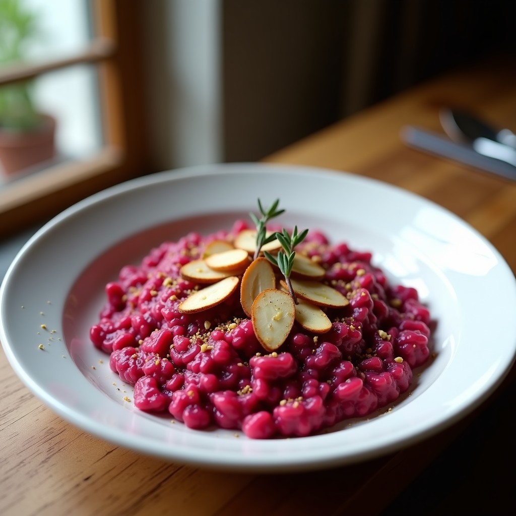 Plato blanco con risotto de color rosa intenso de remolacha, espolvoreado con zaatar y almendras tostadas, servido en un bol de cerámica con fondo rústico.