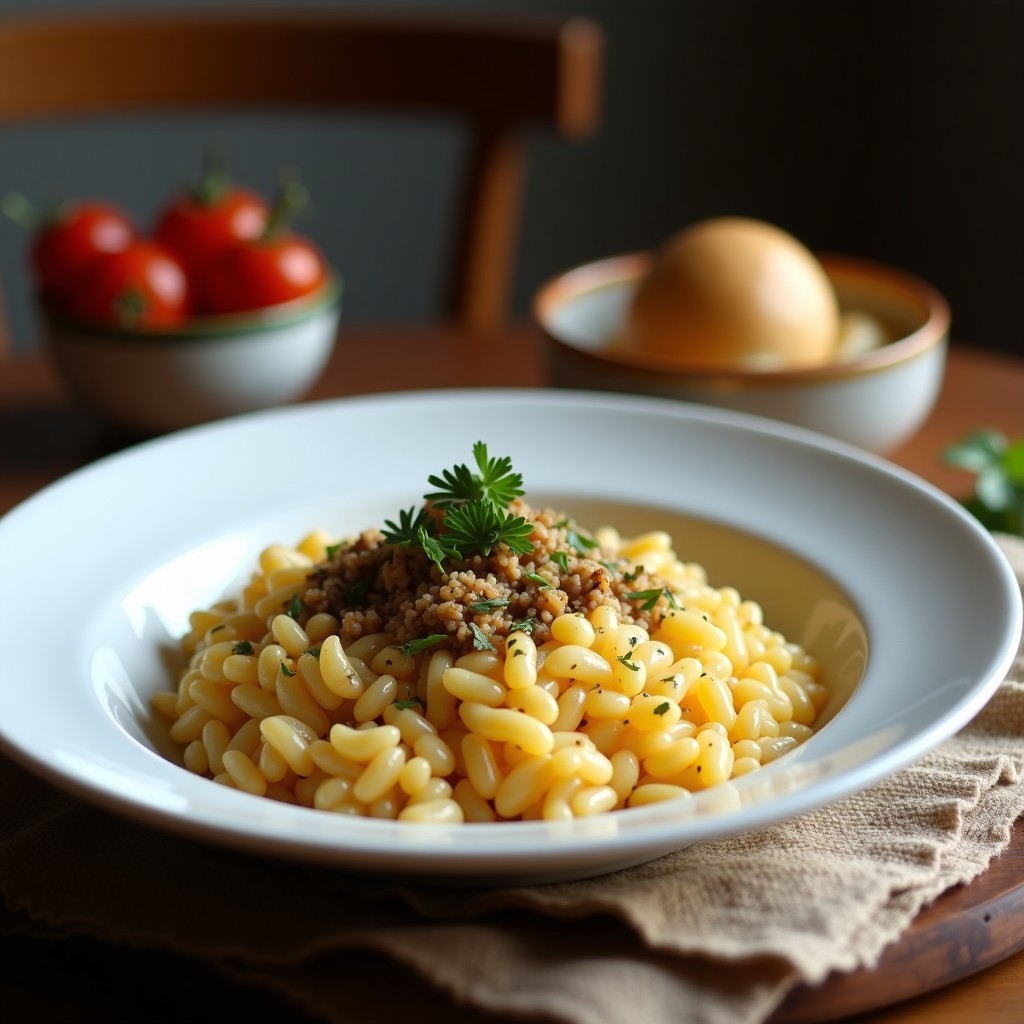 Fuente de horno blanca con risotto de remolacha y zaatar, arroz cremoso de color rosa intenso con trozos de remolacha, espolvoreado con queso feta desmenuzado y semillas de sésamo, servido en plato hondo rústico.