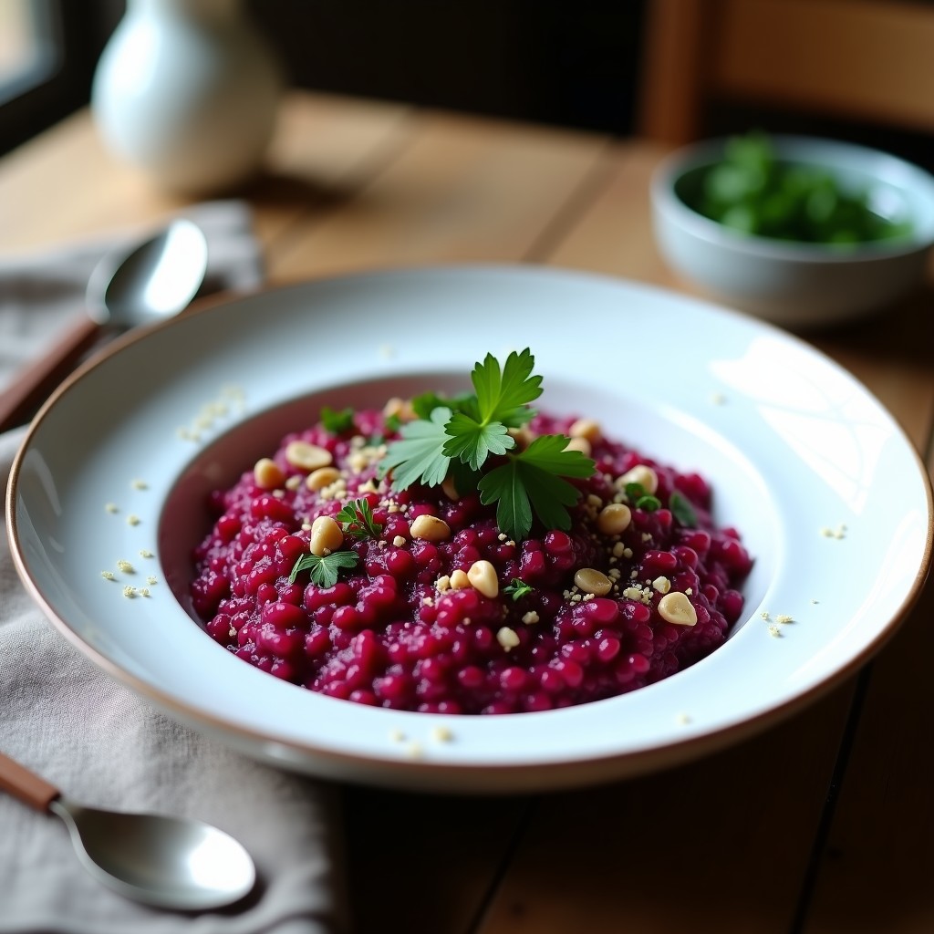 Plato hondo de porcelana blanca con risotto de remolacha y zaatar, de color morado intenso, decorado con perejil fresco y nueces tostadas. Fondo rústico con servilleta de lino.